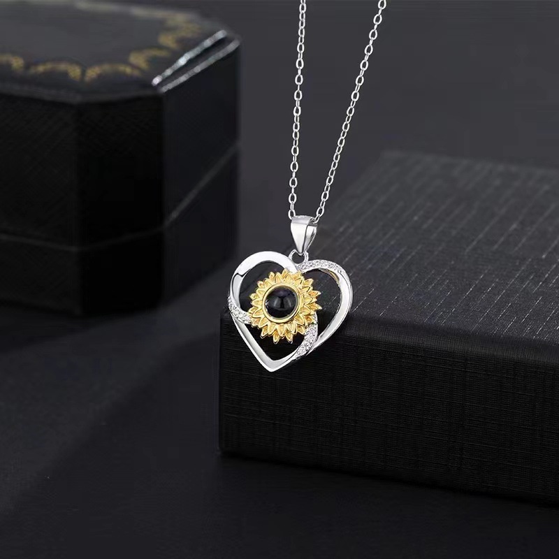 Custom Colorful Picture Projection Heart Sunflower Pendant Necklace